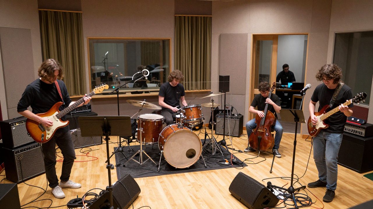 Band speelt live in studio live room met drummer achter glas.