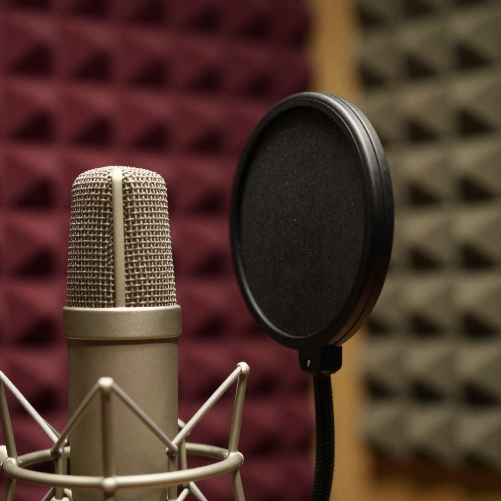 Detail of microphone, pop filter and acoustic material in booth.