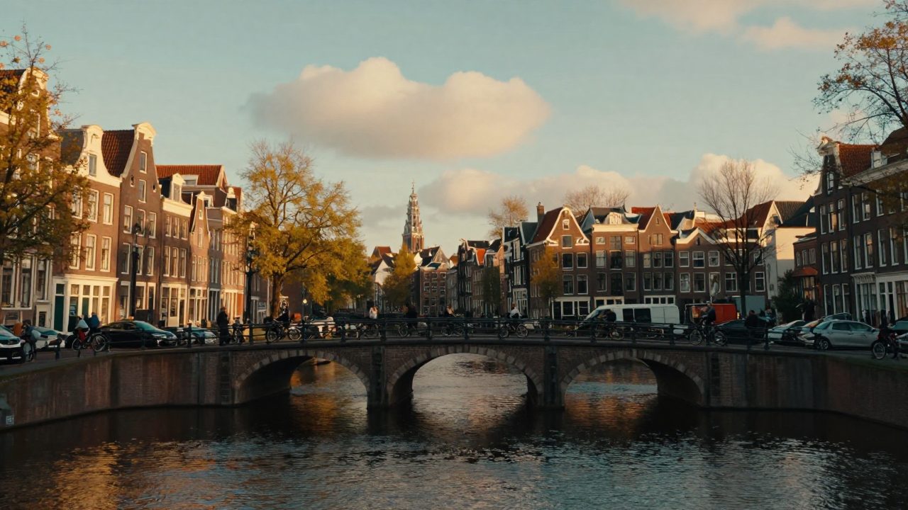 Amsterdam canals at golden hour with cyclists and canal houses.