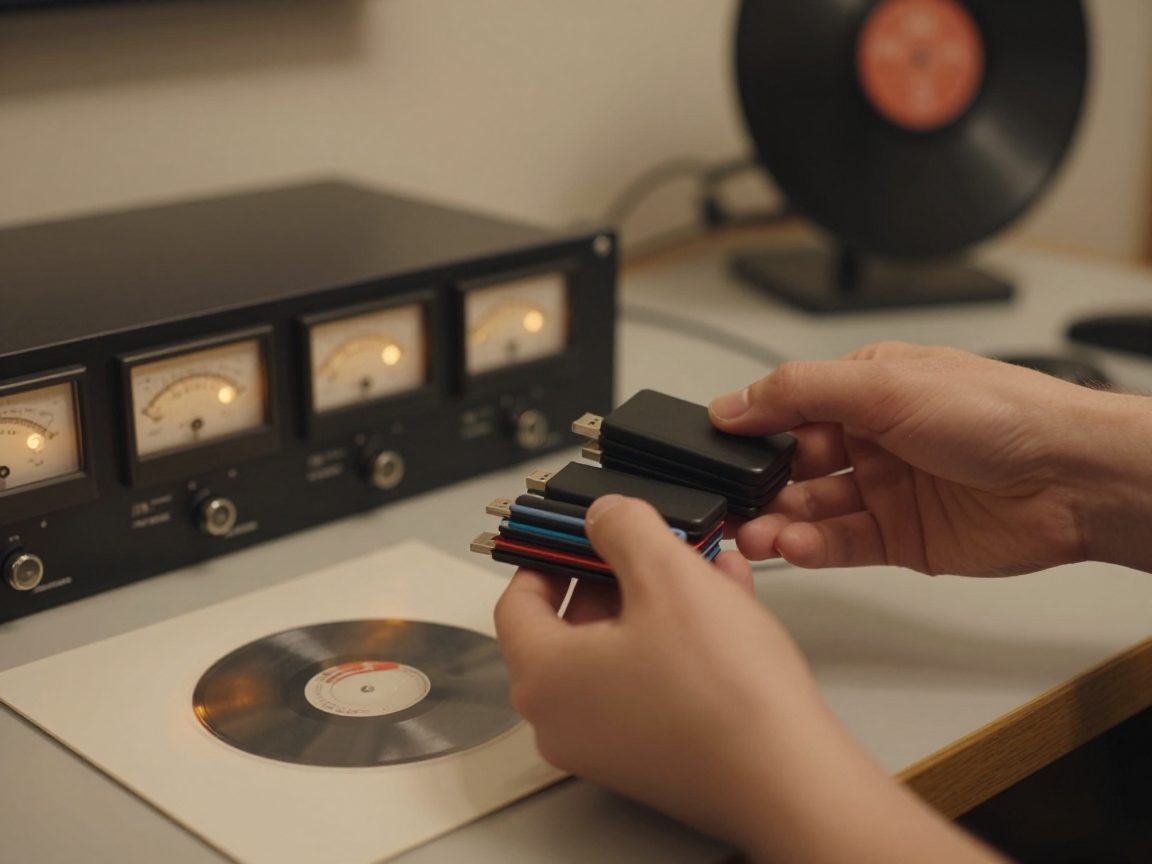 Hands handing over USB sticks and vinyl test pressing on counter.