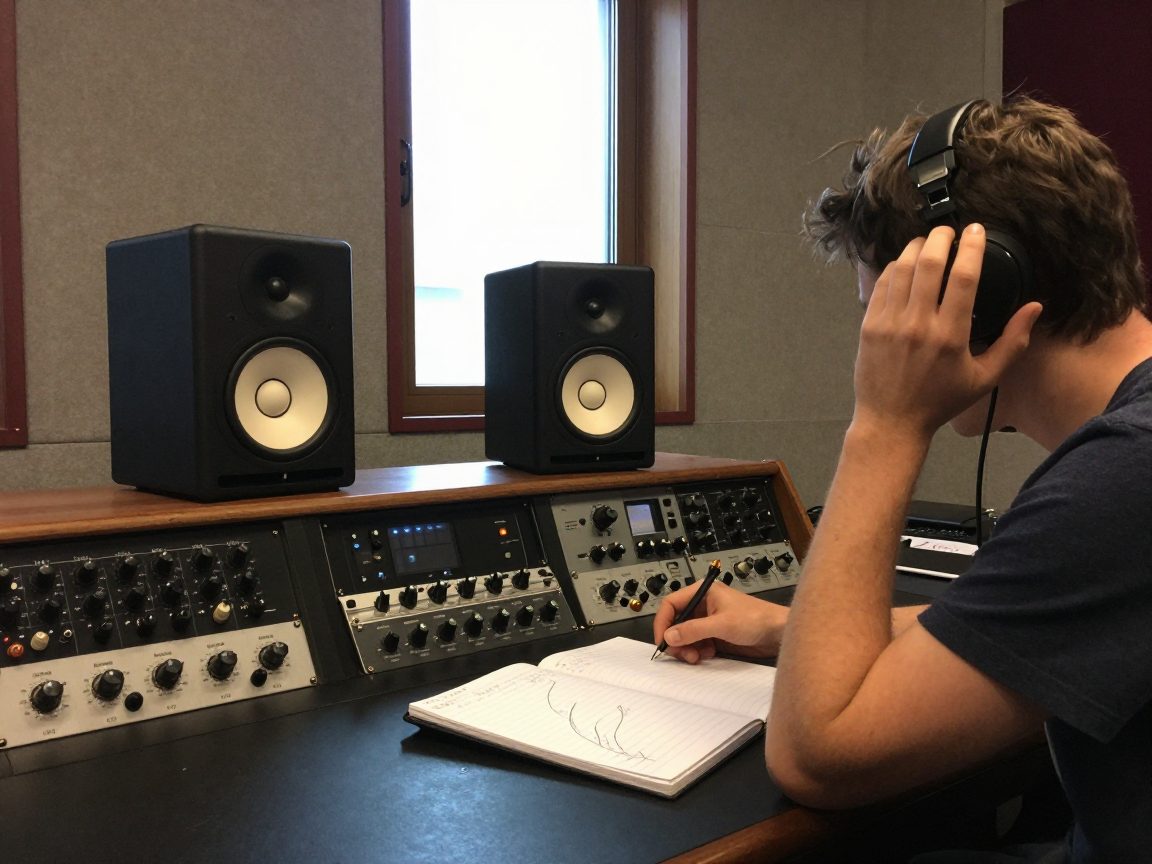 Mastering-engineer luistert kritisch op monitors in behandelde ruimte.