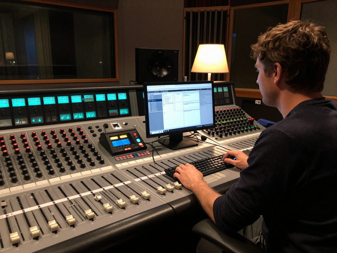 Mix-engineer aan mengtafel in donkere control room met warm licht.
