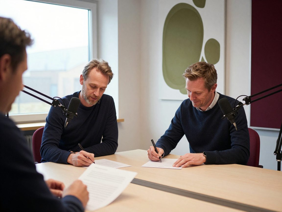 Podcastgasten tekenen documenten aan tafel met microfoons nearby.