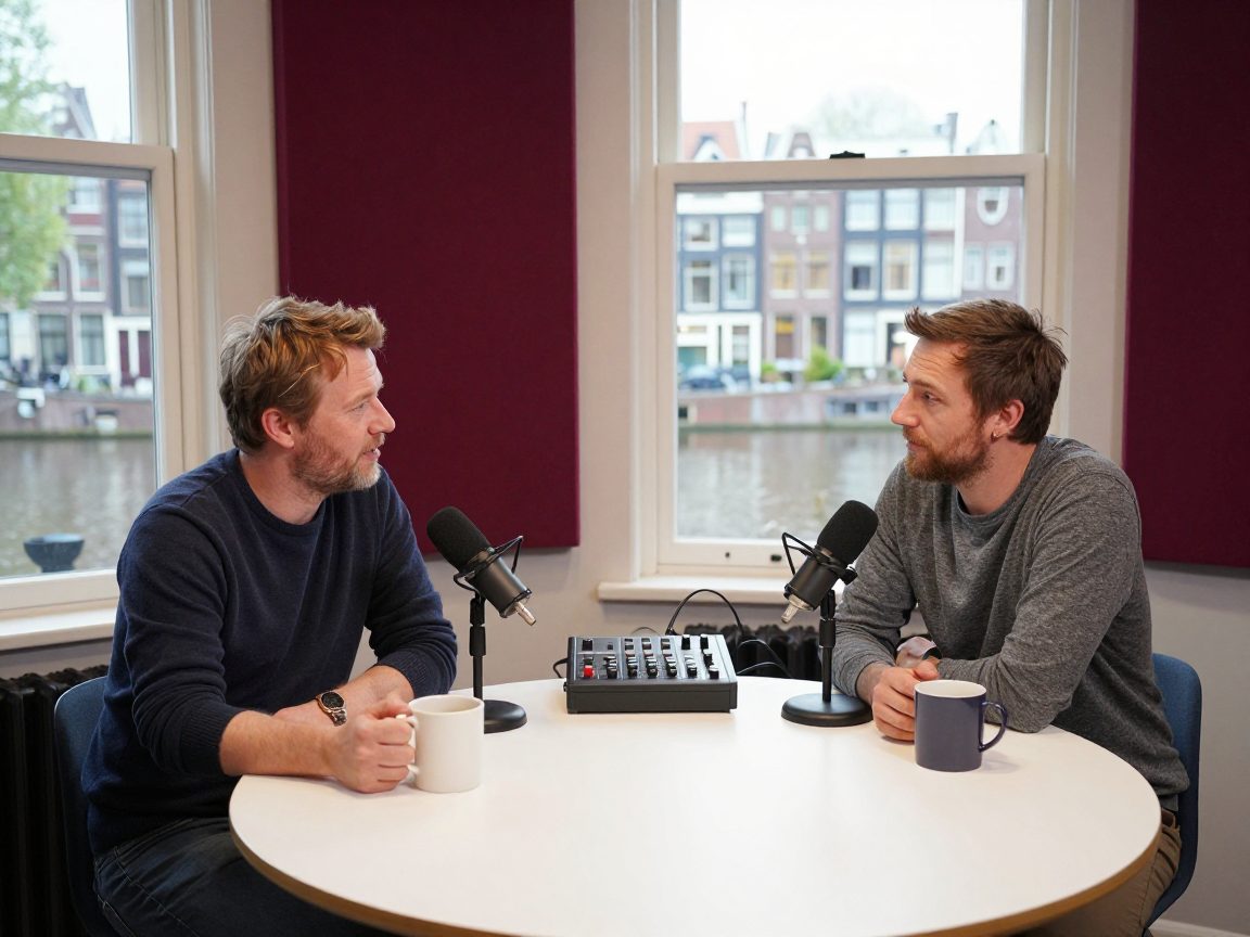 Twee podcastmakers praten aan tafel met microfoons en mixer.