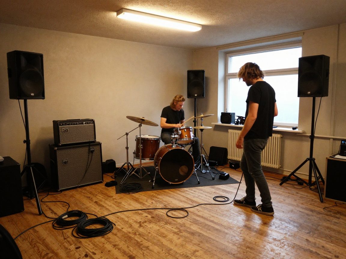 Drie muzikanten oefenen met drums en gitaren in oefenruimte.