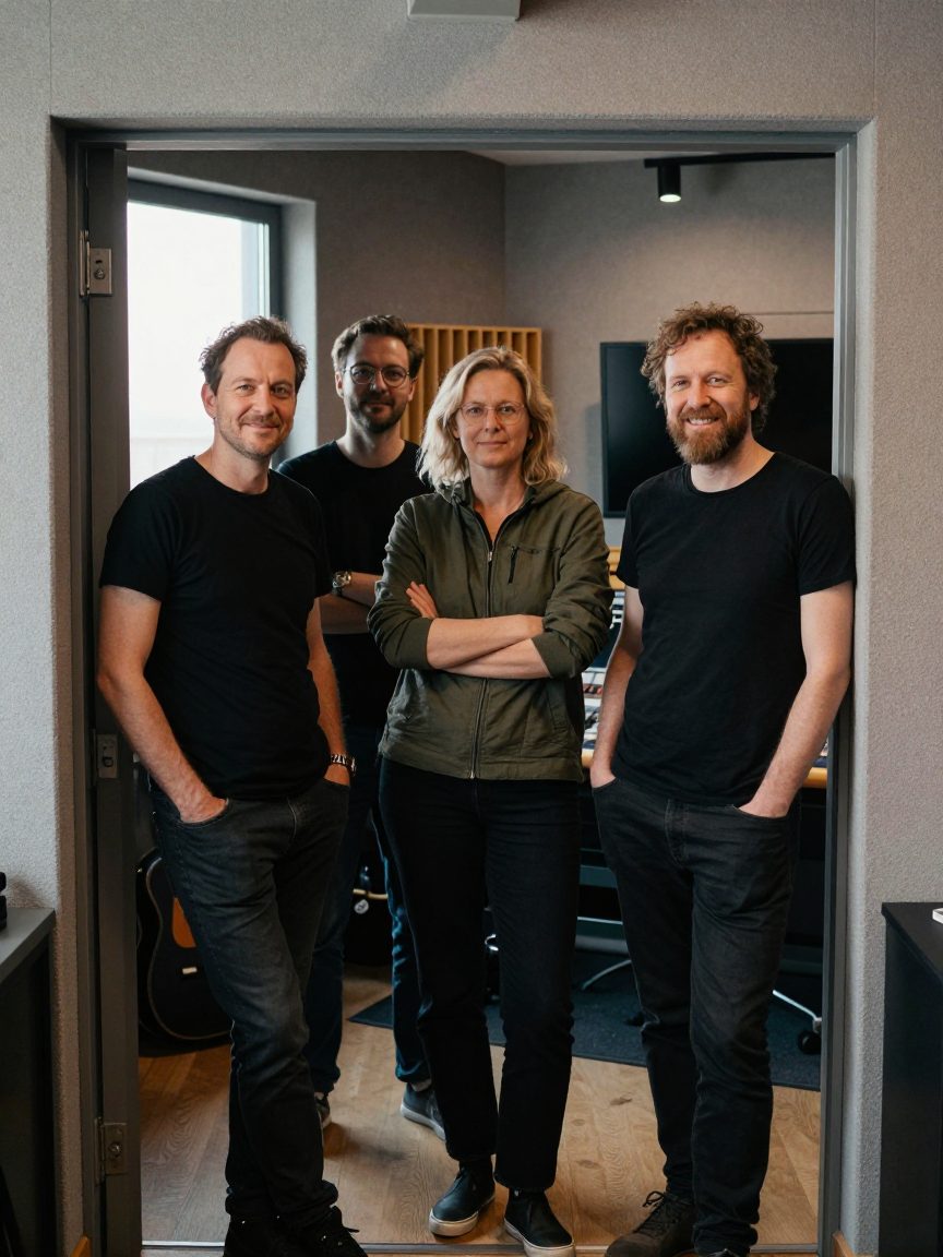 Drie studio-medewerkers poseren tussen control room en live room.