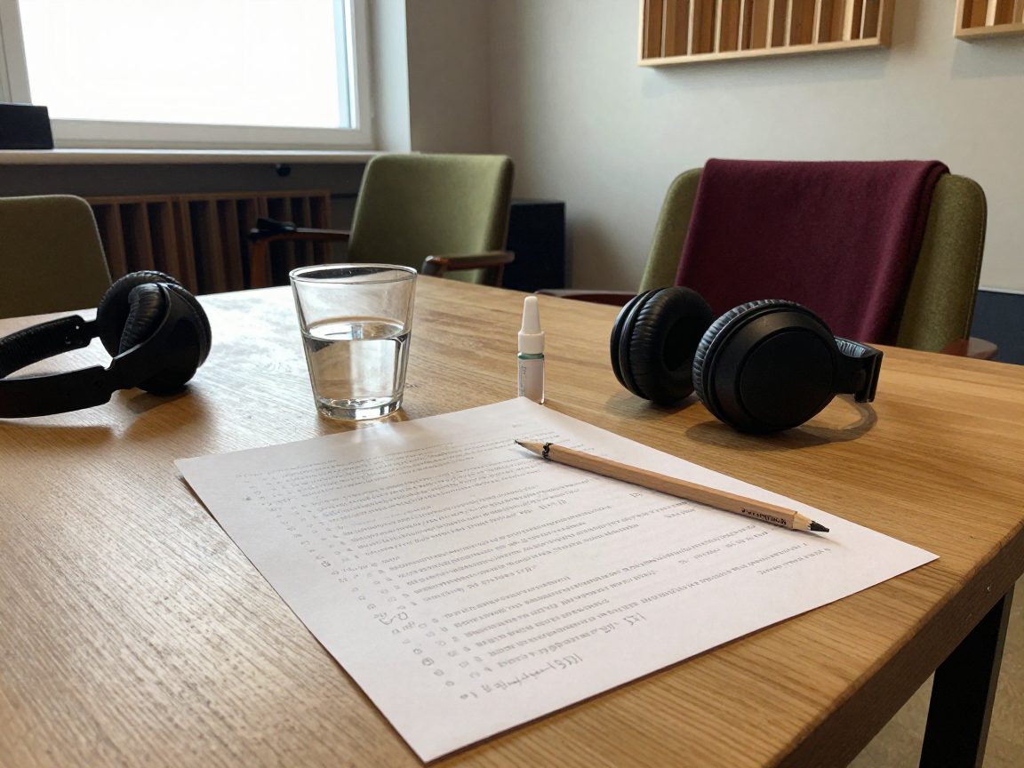 Vocal prep: lyrics, water, headphones on wooden table.