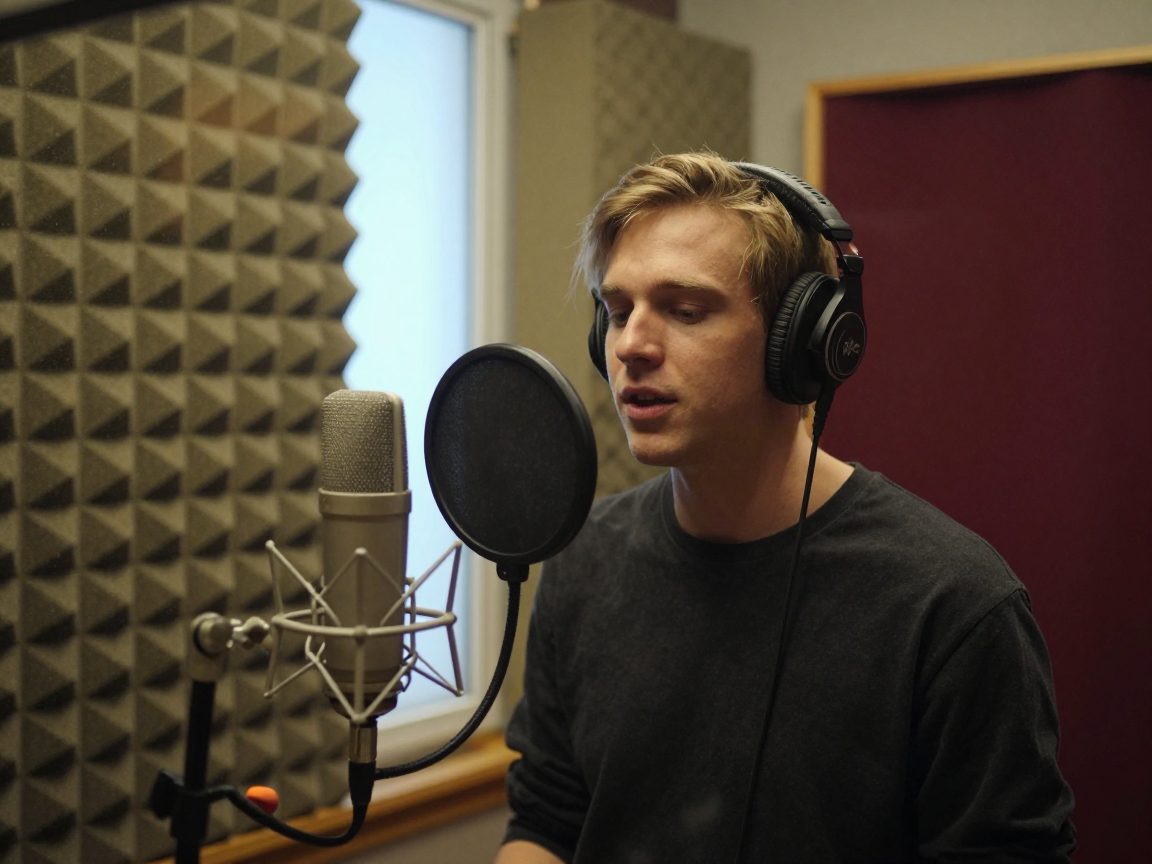 Vocalist met koptelefoon zingt achter popfilter in kleine booth.